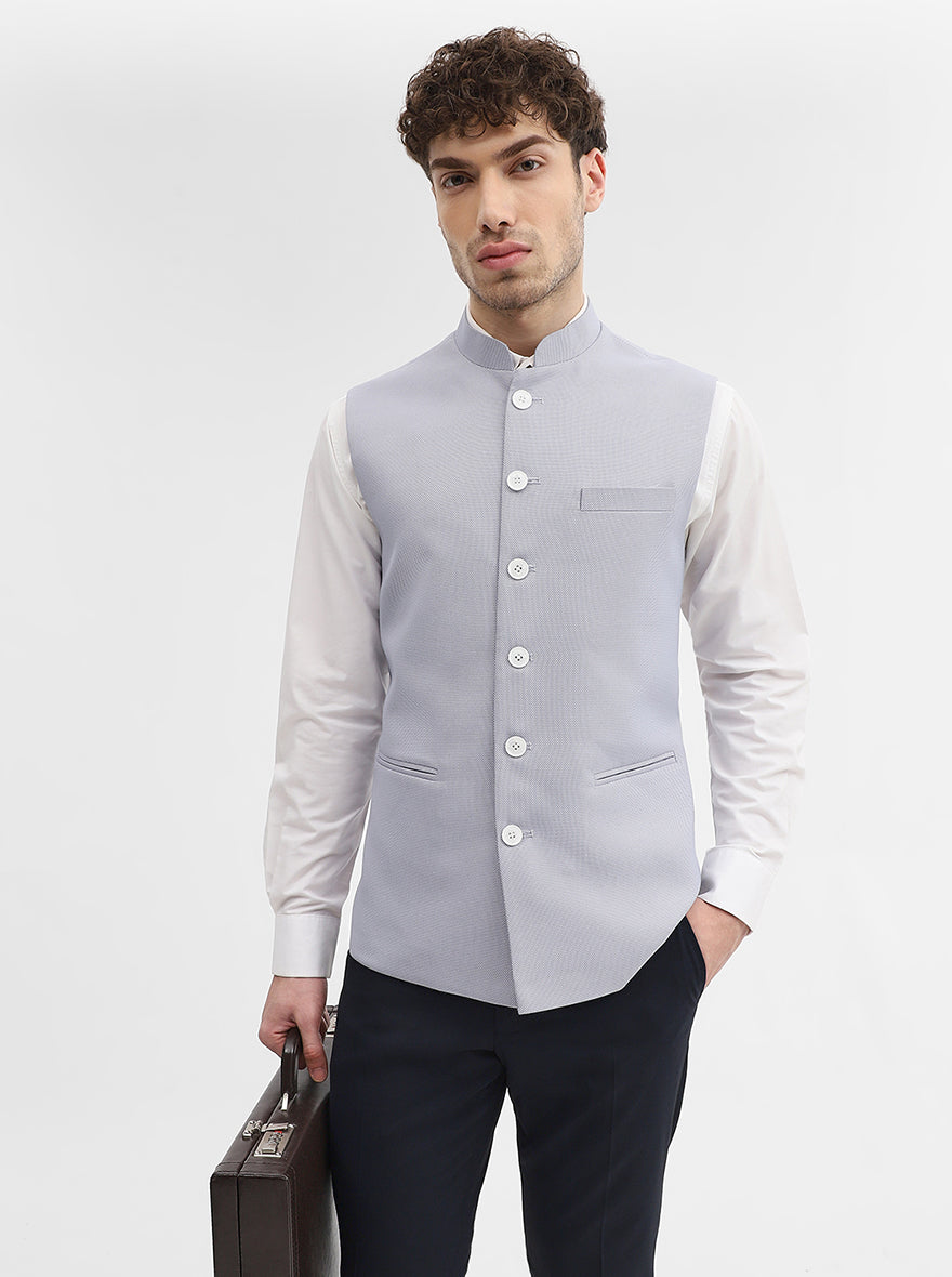 Sky Blue Solid Regular Fit Waistcoat | Greenfibre
