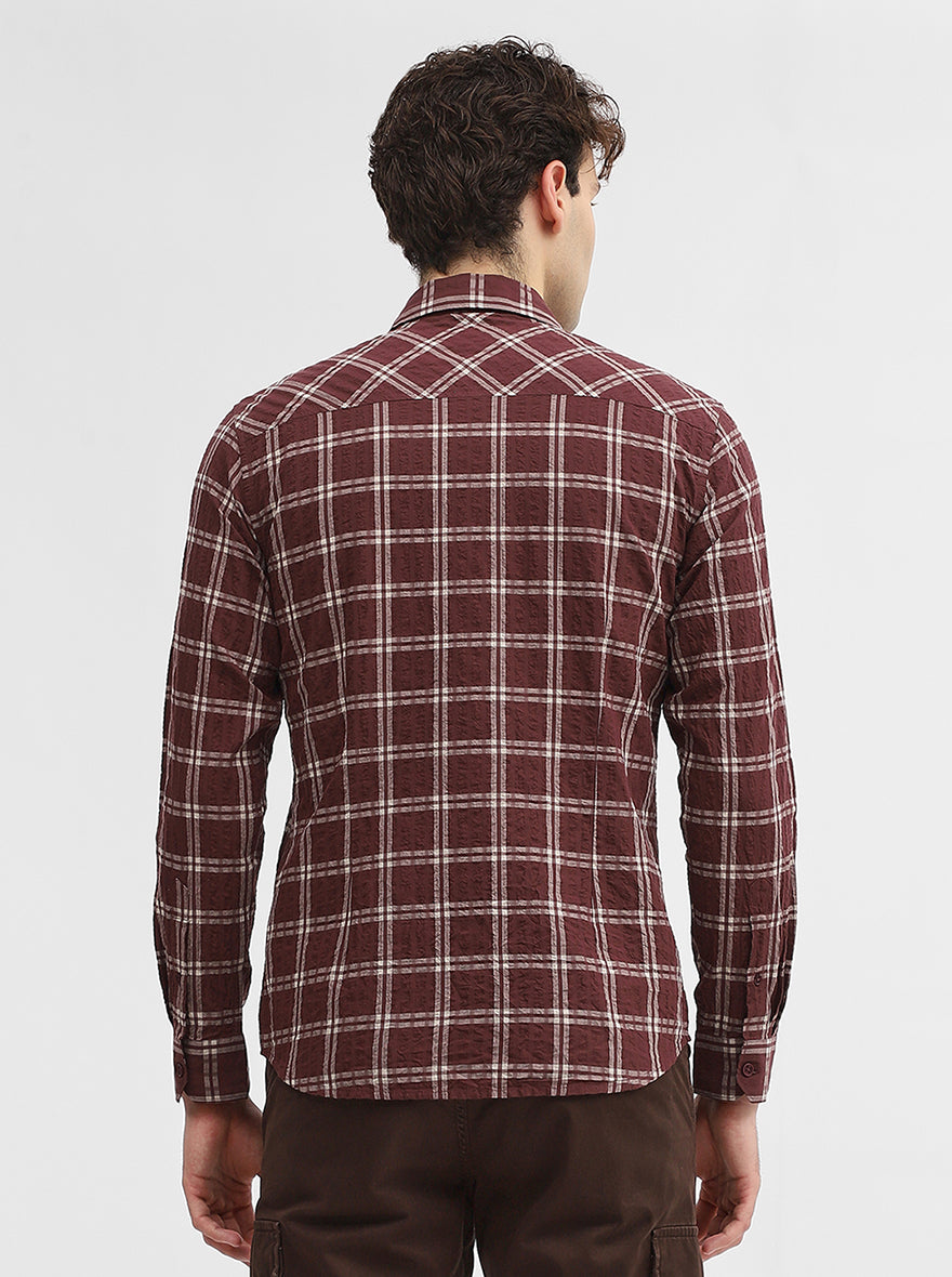 Maroon Checked Slim Fit Casual Shirt | Greenfibre