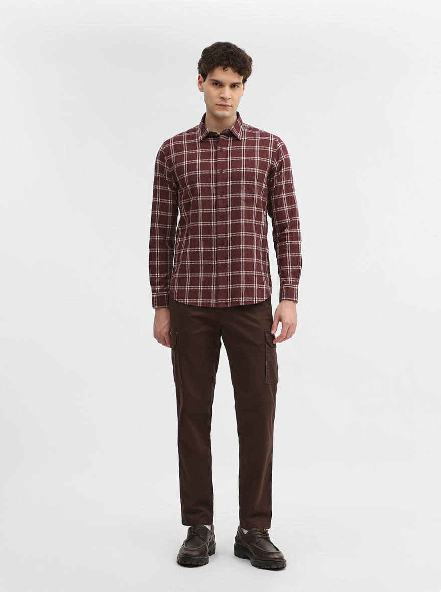 Maroon Checked Slim Fit Casual Shirt | Greenfibre