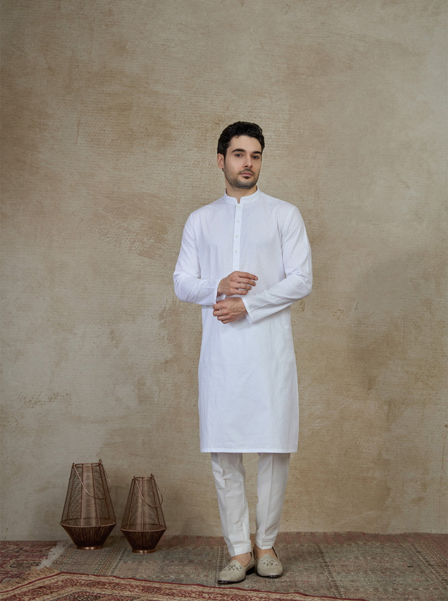 White Self Textured Kurta | The Kurta Company