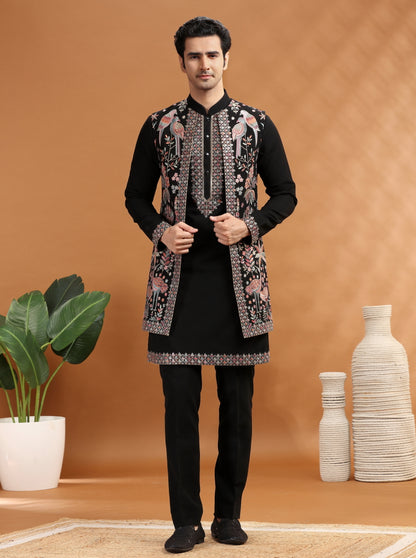 Black Embroidered Kurta Pajama with Koti | TULA
