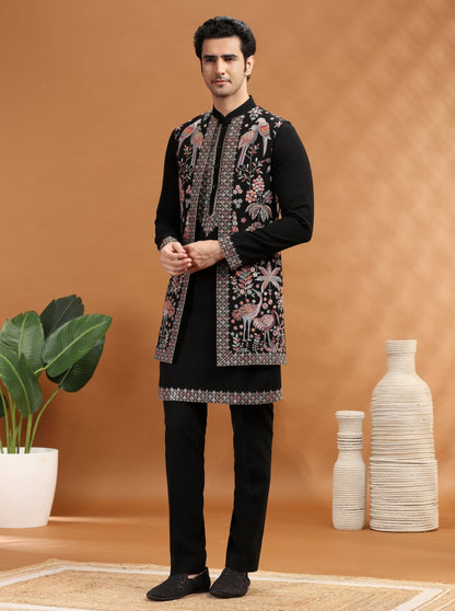 Black Embroidered Kurta Pajama with Koti | TULA