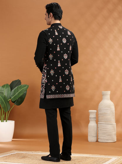 Black Embroidered Kurta Pajama with Koti | TULA