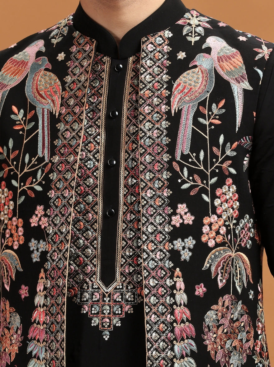 Black Embroidered Kurta Pajama with Koti | TULA