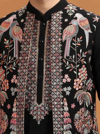 Black Embroidered Kurta Pajama with Koti | TULA