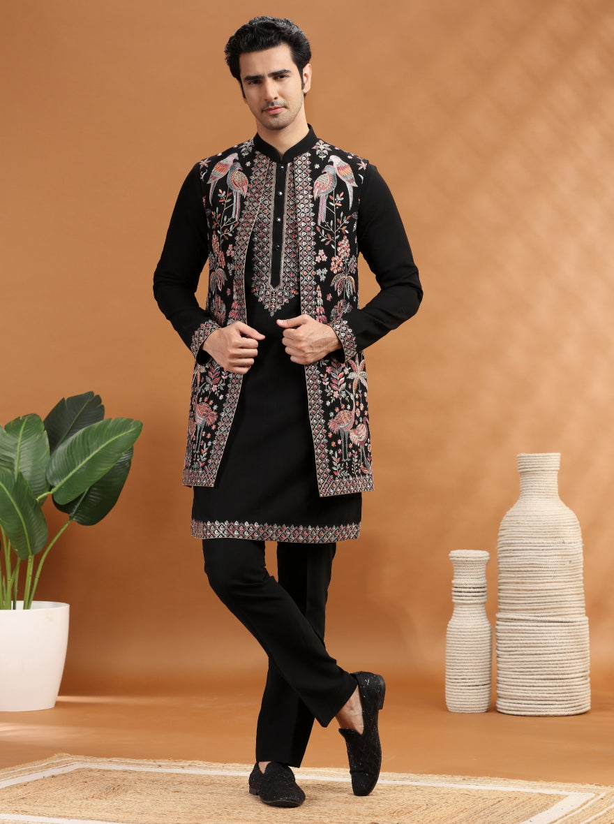 Black Embroidered Kurta Pajama with Koti | TULA