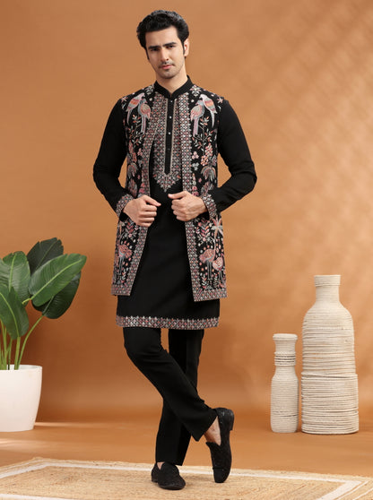Black Embroidered Kurta Pajama with Koti | TULA