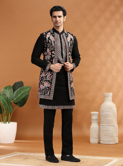 Black Embroidered Kurta Pajama with Koti | TULA