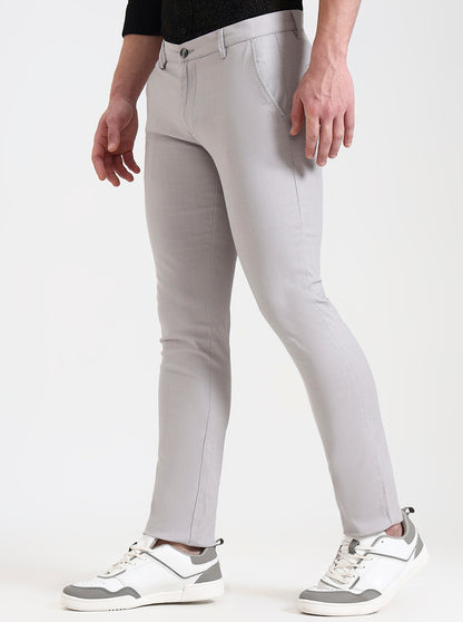 Light Grey Printed Super Slim Fit Casual Trouser | Greenfibre