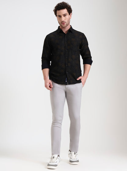 Light Grey Printed Super Slim Fit Casual Trouser | Greenfibre