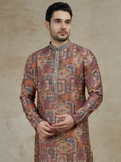 Brown & Multicolor Printed Kurta Pajama | Virasana