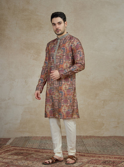 Brown & Multicolor Printed Kurta Pajama | Virasana