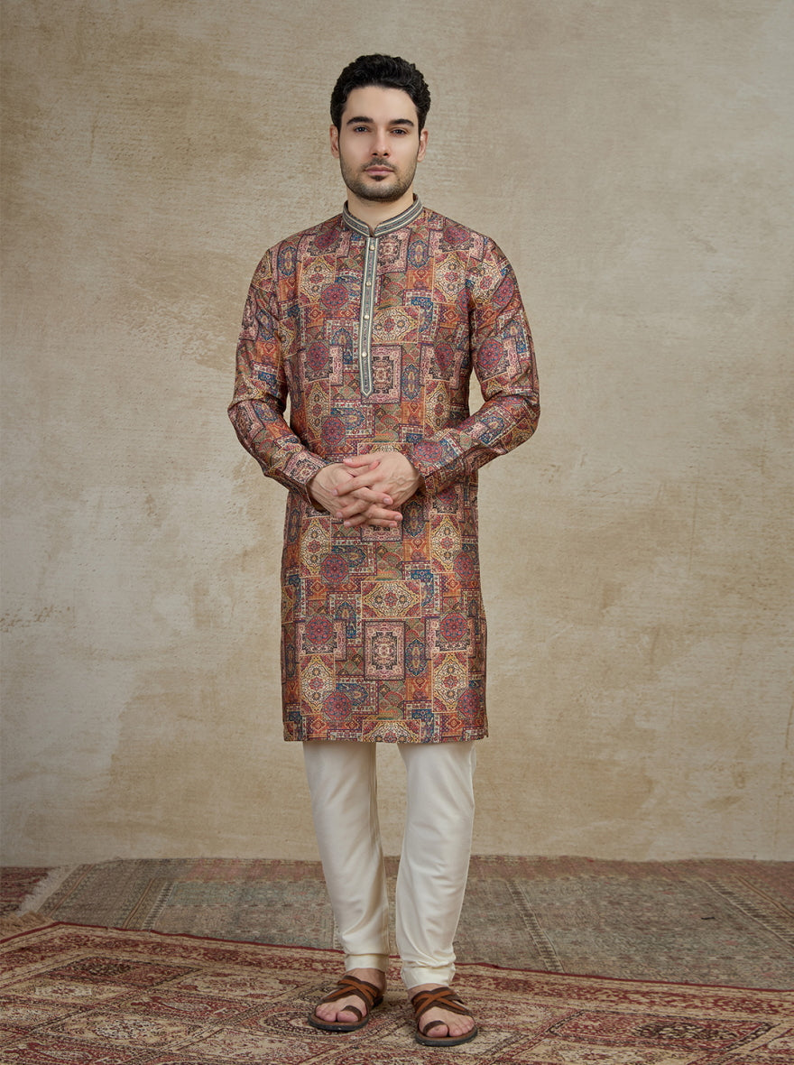 Brown & Multicolor Printed Kurta Pajama | Virasana