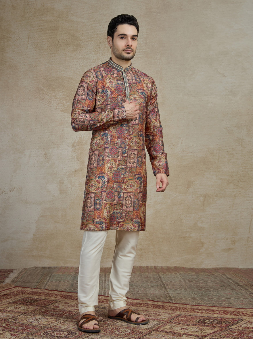 Brown & Multicolor Printed Kurta Pajama | Virasana