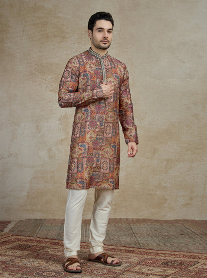 Brown & Multicolor Printed Kurta Pajama | Virasana