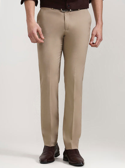 Khaki Solid Slim Fit Formal Trouser | Greenfibre