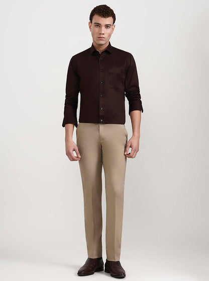 Khaki Solid Slim Fit Formal Trouser | Greenfibre