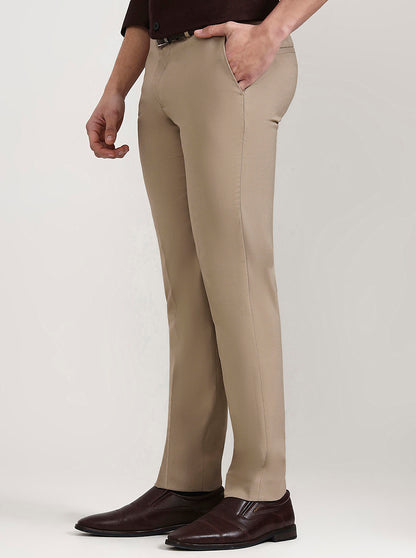 Khaki Solid Slim Fit Formal Trouser | Greenfibre