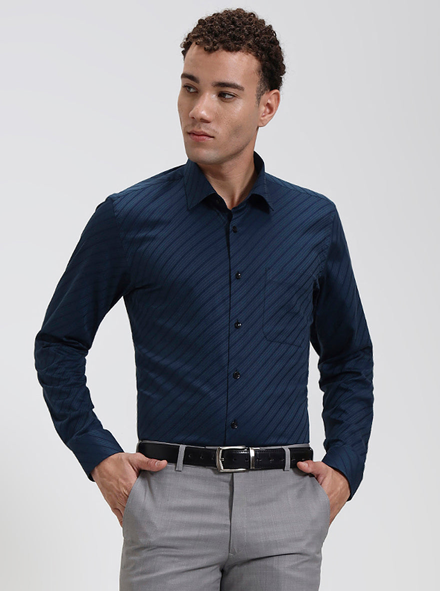 Navy Blue Striped Slim Fit Formal Shirt | JadeBlue Youth