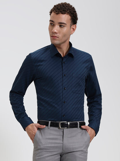 Navy Blue Striped Slim Fit Formal Shirt | JadeBlue Youth