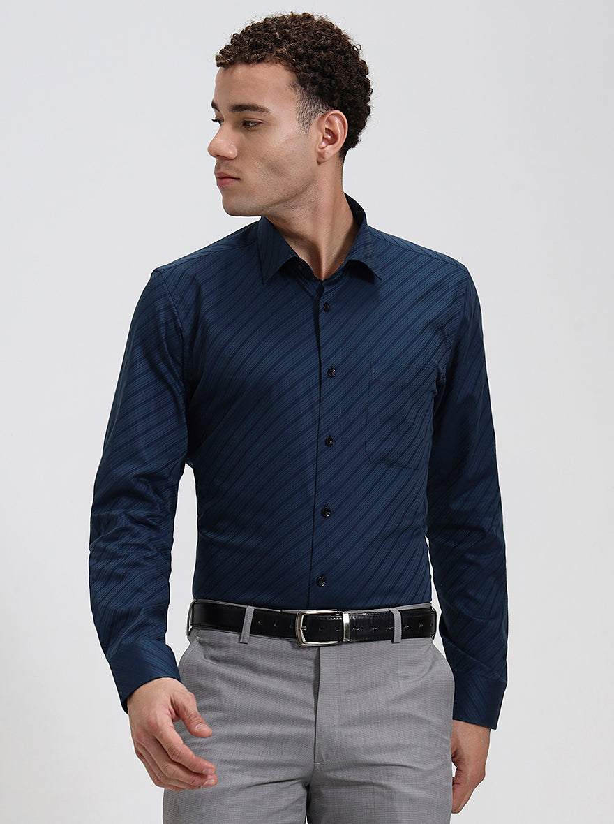 Navy Blue Striped Slim Fit Formal Shirt | JadeBlue Youth