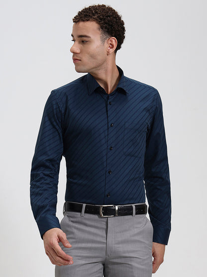 Navy Blue Striped Slim Fit Formal Shirt | JadeBlue Youth