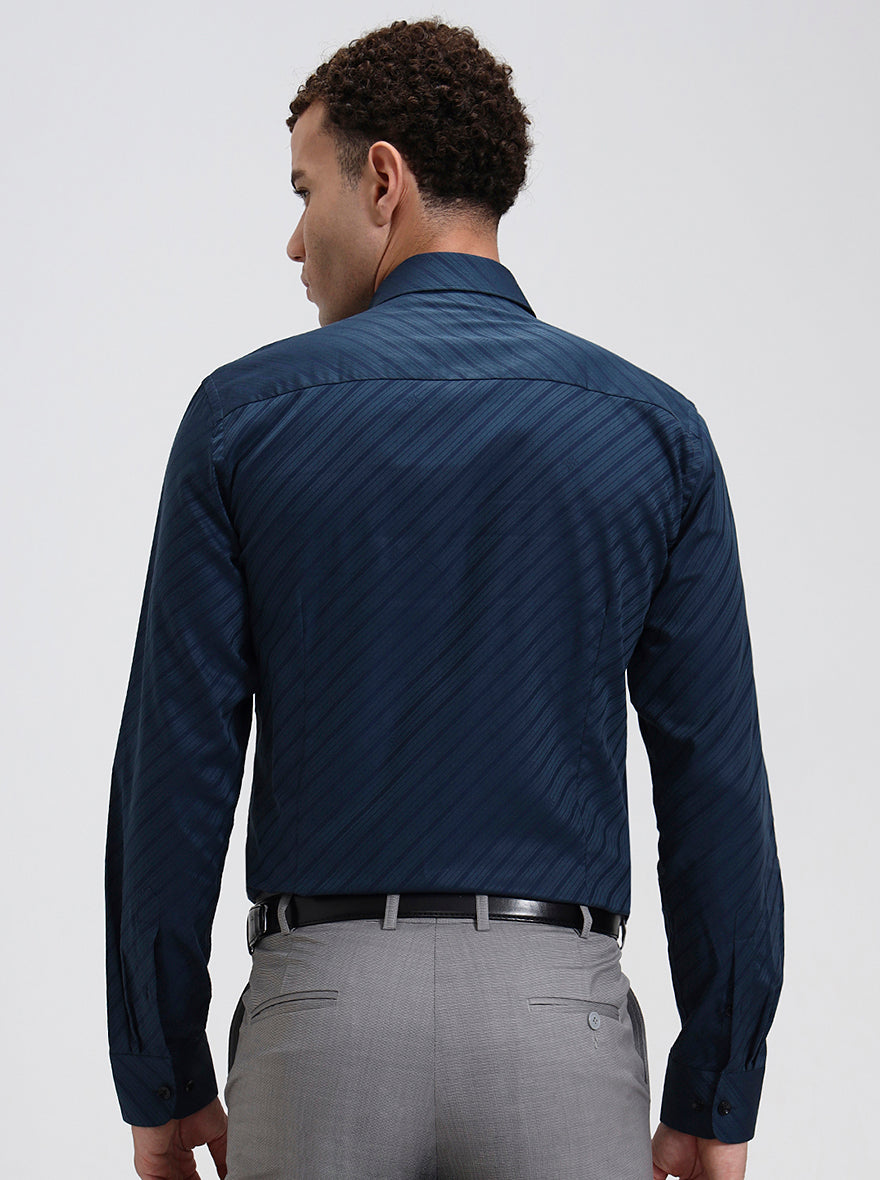 Navy Blue Striped Slim Fit Formal Shirt | JadeBlue Youth