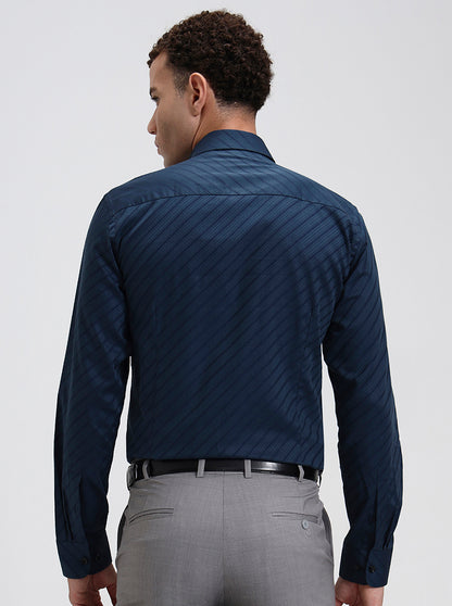Navy Blue Striped Slim Fit Formal Shirt | JadeBlue Youth