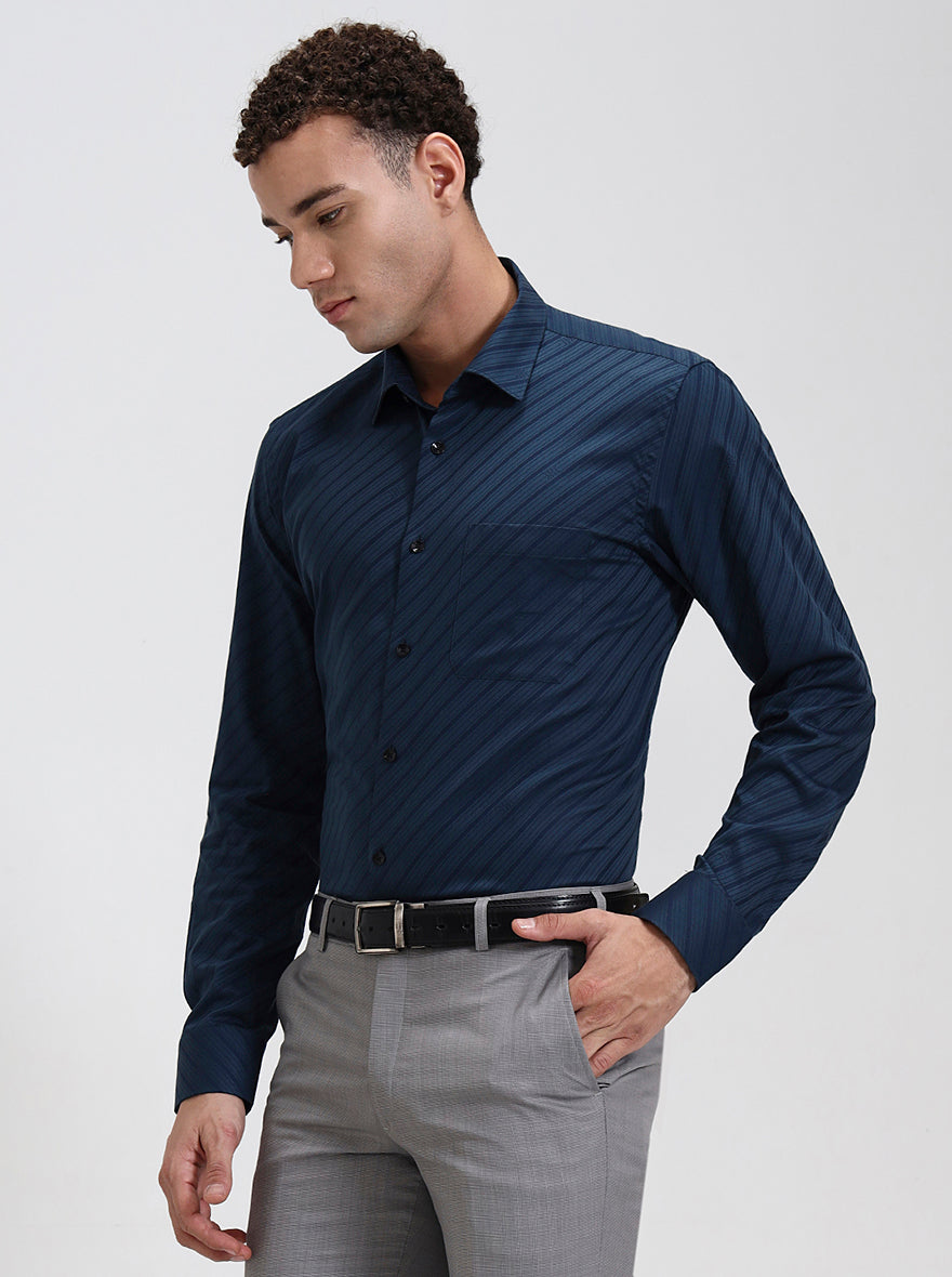 Navy Blue Striped Slim Fit Formal Shirt | JadeBlue Youth