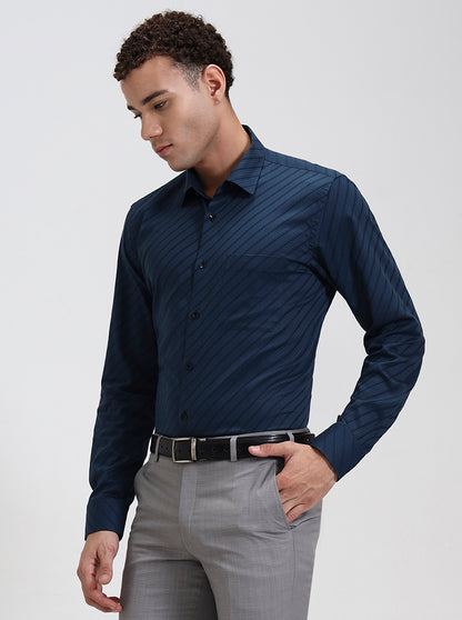Navy Blue Striped Slim Fit Formal Shirt | JadeBlue Youth