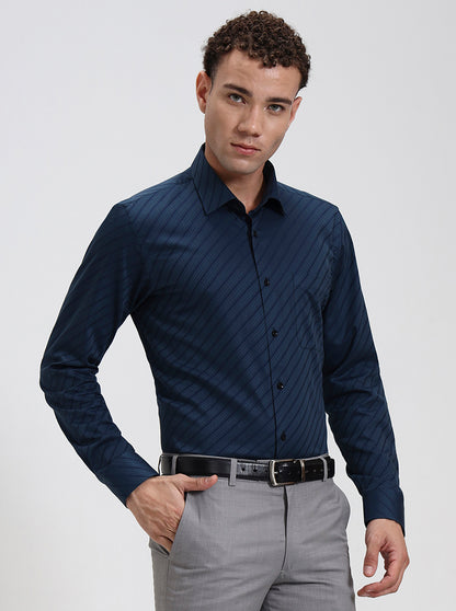 Navy Blue Striped Slim Fit Formal Shirt | JadeBlue Youth