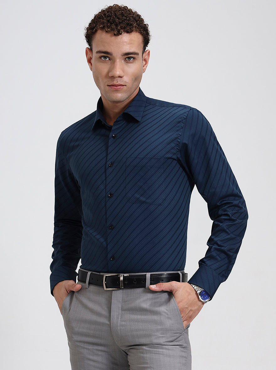 Navy Blue Striped Slim Fit Formal Shirt | JadeBlue Youth