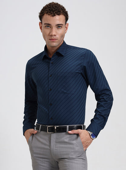 Navy Blue Striped Slim Fit Formal Shirt | JadeBlue Youth