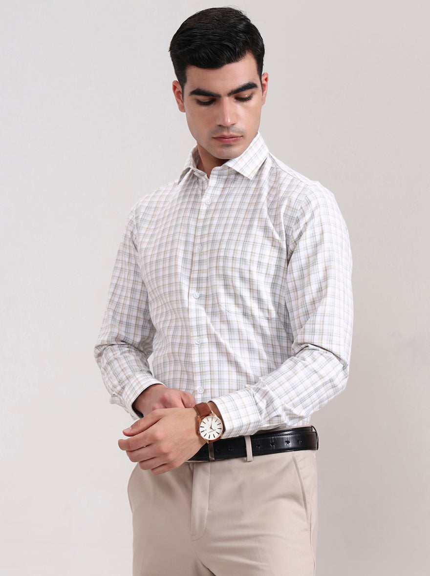 Green & Fawn Checked Slim Fit Formal Shirt | Greenfibre