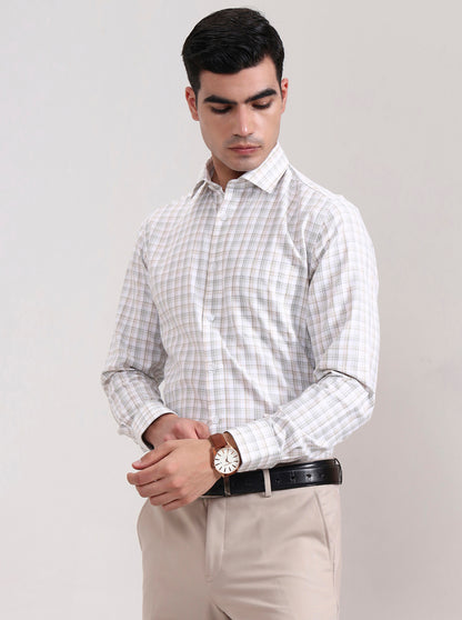 Green & Fawn Checked Slim Fit Formal Shirt | Greenfibre