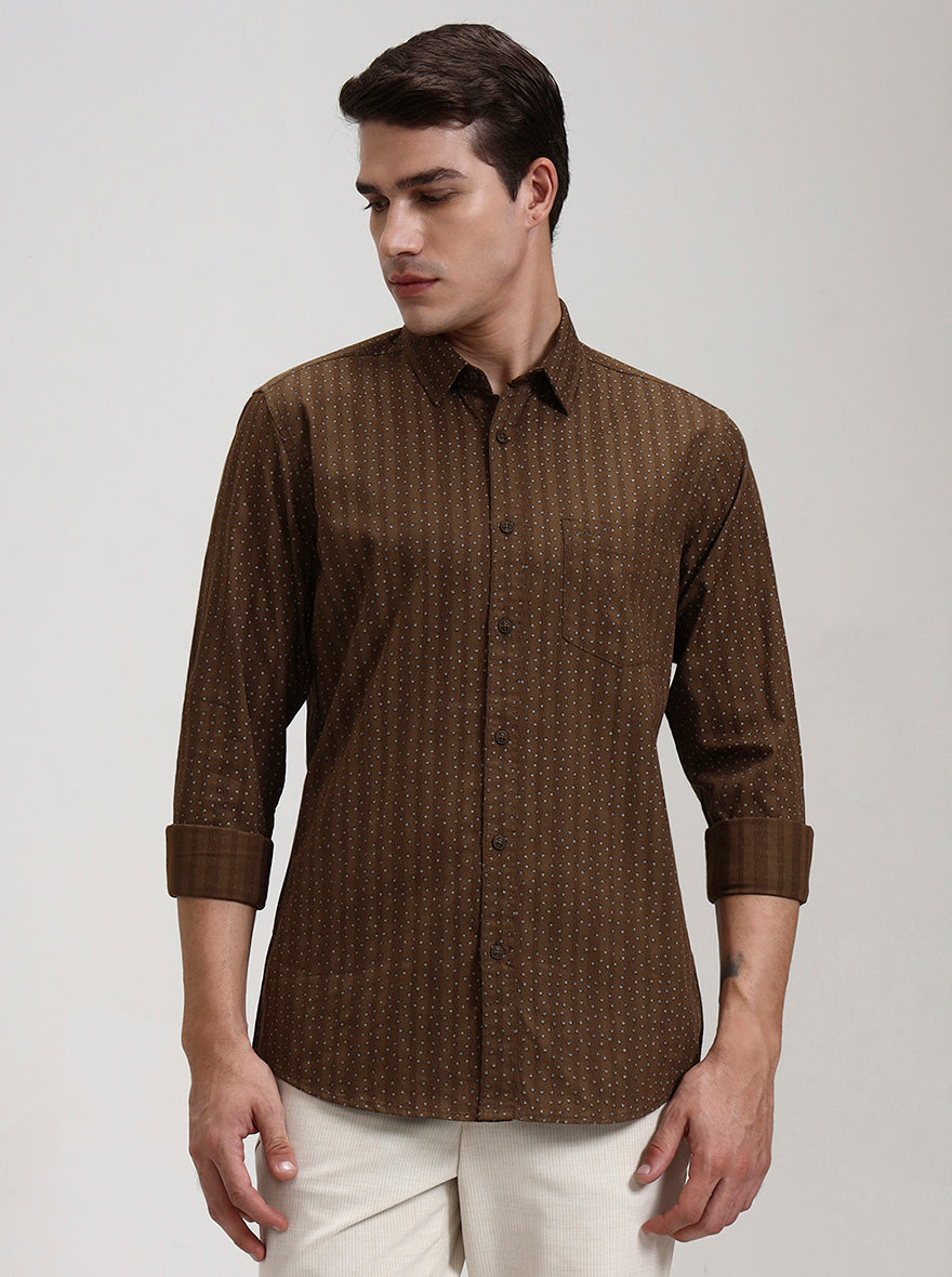 Khaki Printed Slim Fit Casual Shirt | JadeBlue