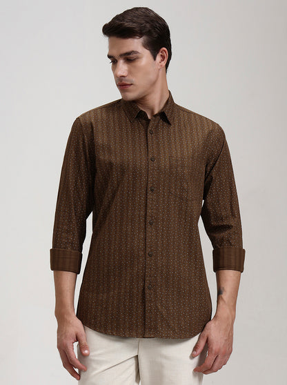 Khaki Printed Slim Fit Casual Shirt | JadeBlue