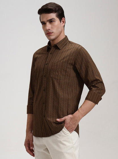Khaki Printed Slim Fit Casual Shirt | JadeBlue