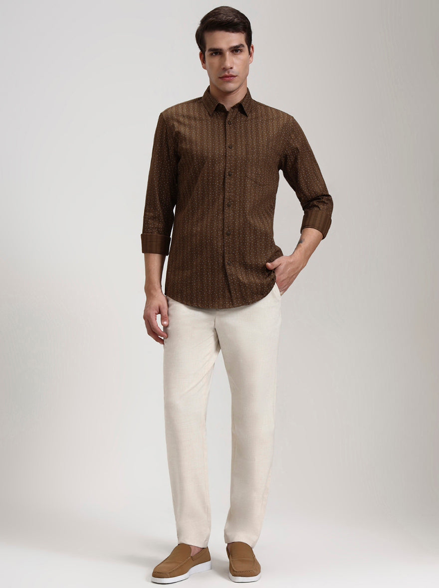 Khaki Printed Slim Fit Casual Shirt | JadeBlue