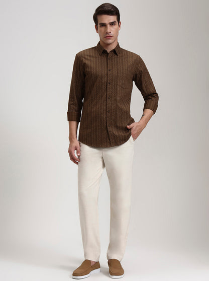 Khaki Printed Slim Fit Casual Shirt | JadeBlue