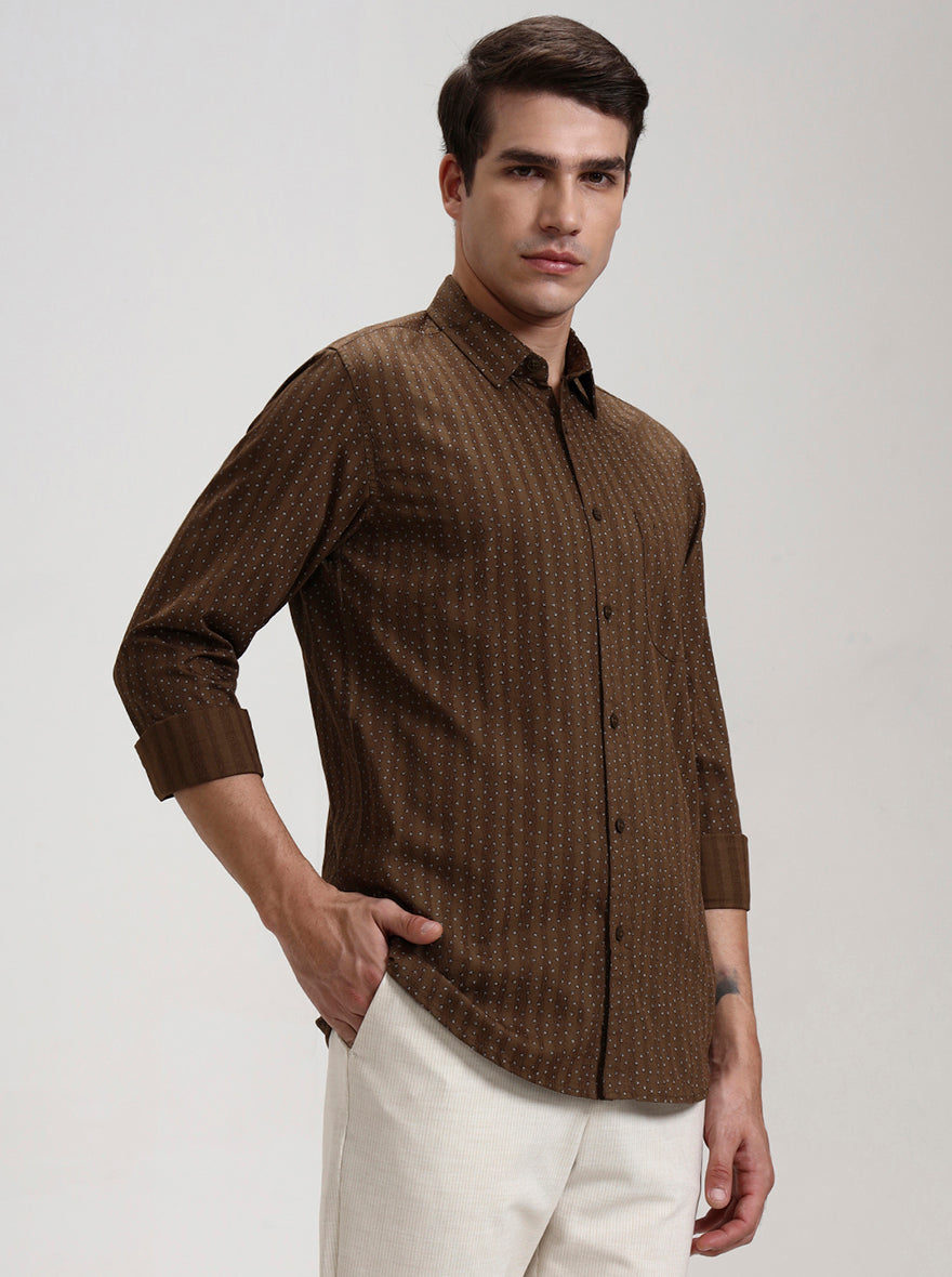 Khaki Printed Slim Fit Casual Shirt | JadeBlue