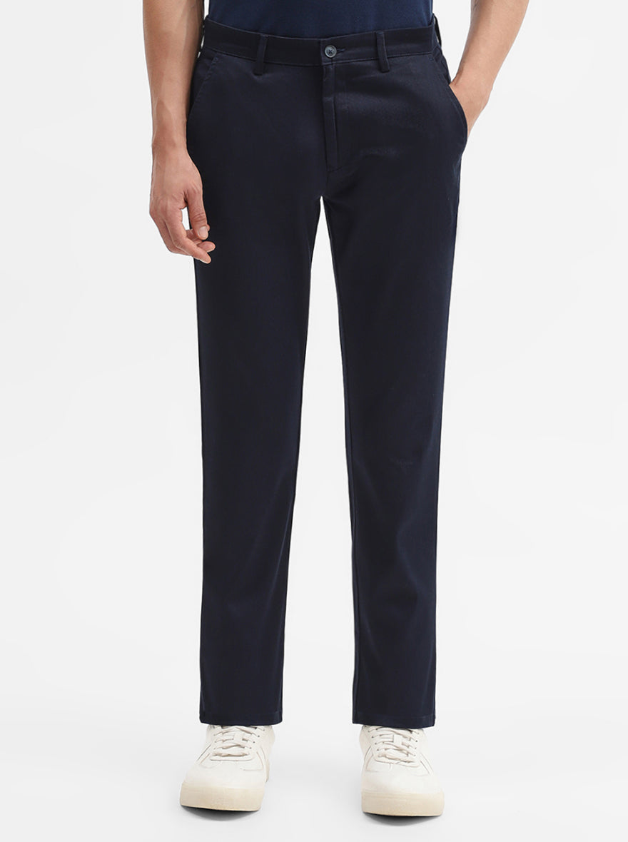Navy Blue Solid Super Slim Fit Casual Trouser | Greenfibre