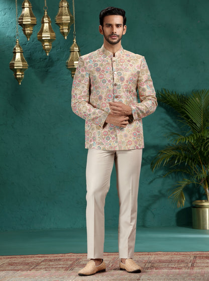 Beige & Multicolor Self Design Jodhpuri Suit | TULA