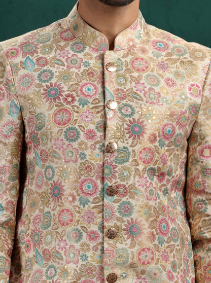 Beige & Multicolor Self Design Jodhpuri Suit | TULA
