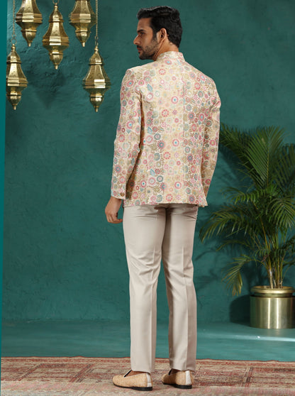 Beige & Multicolor Self Design Jodhpuri Suit | TULA