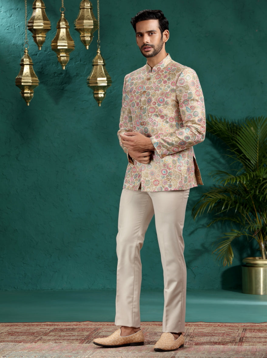 Beige & Multicolor Self Design Jodhpuri Suit | TULA