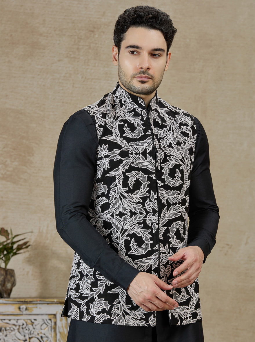 Black Embroidered Kurta Pajama with Koti | TULA