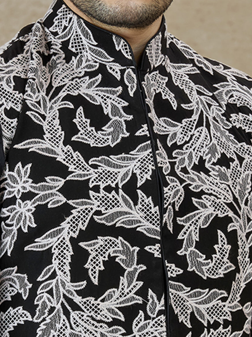 Black Embroidered Kurta Pajama with Koti | TULA
