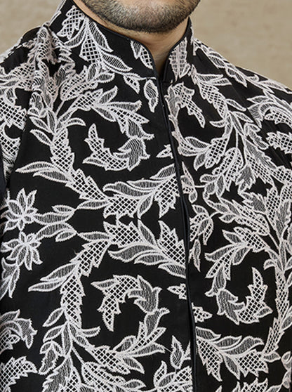 Black Embroidered Kurta Pajama with Koti | TULA
