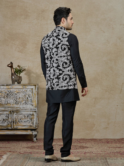 Black Embroidered Kurta Pajama with Koti | TULA